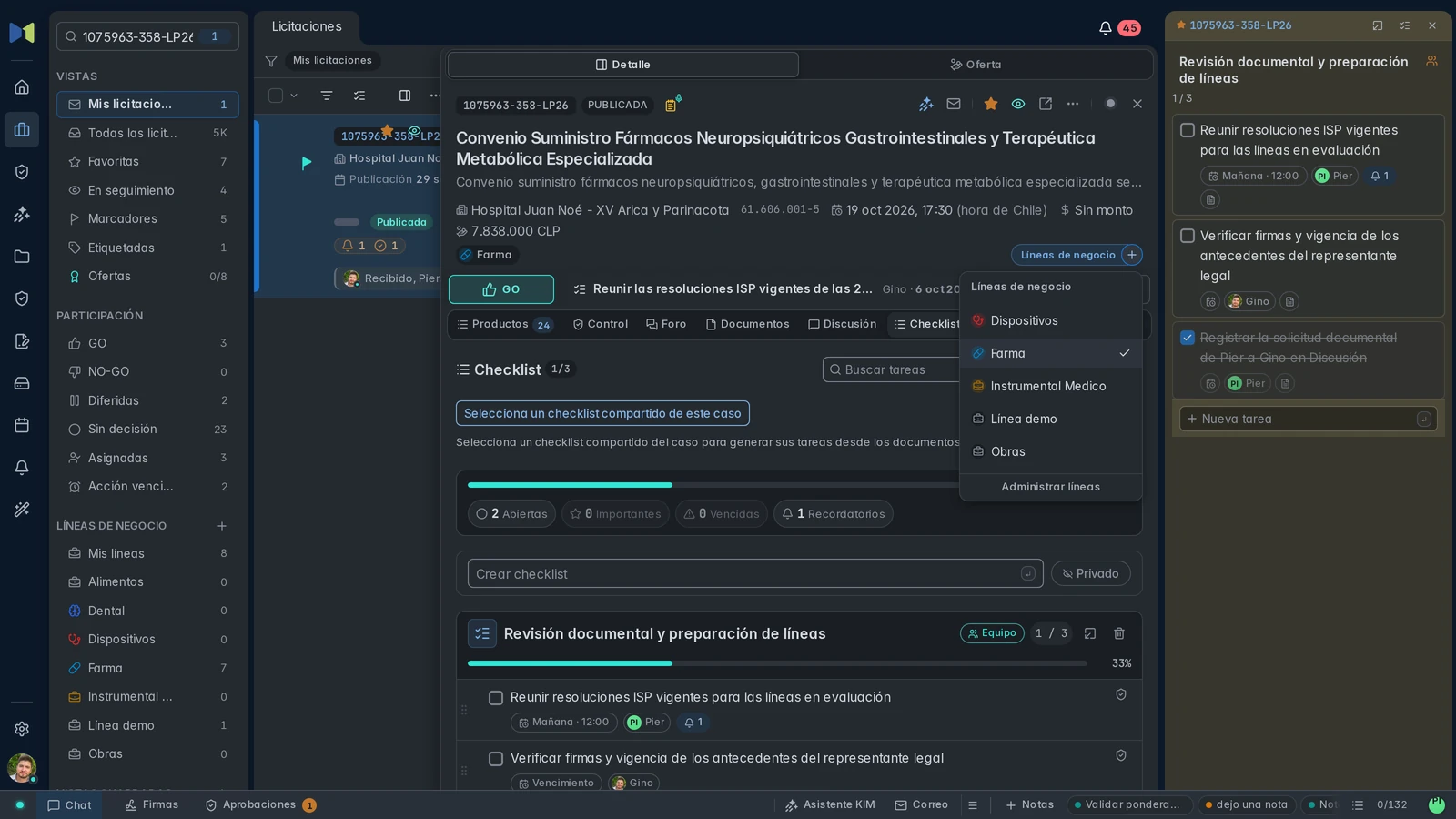 Selector de líneas de negocio con Farma asignada a la licitación.