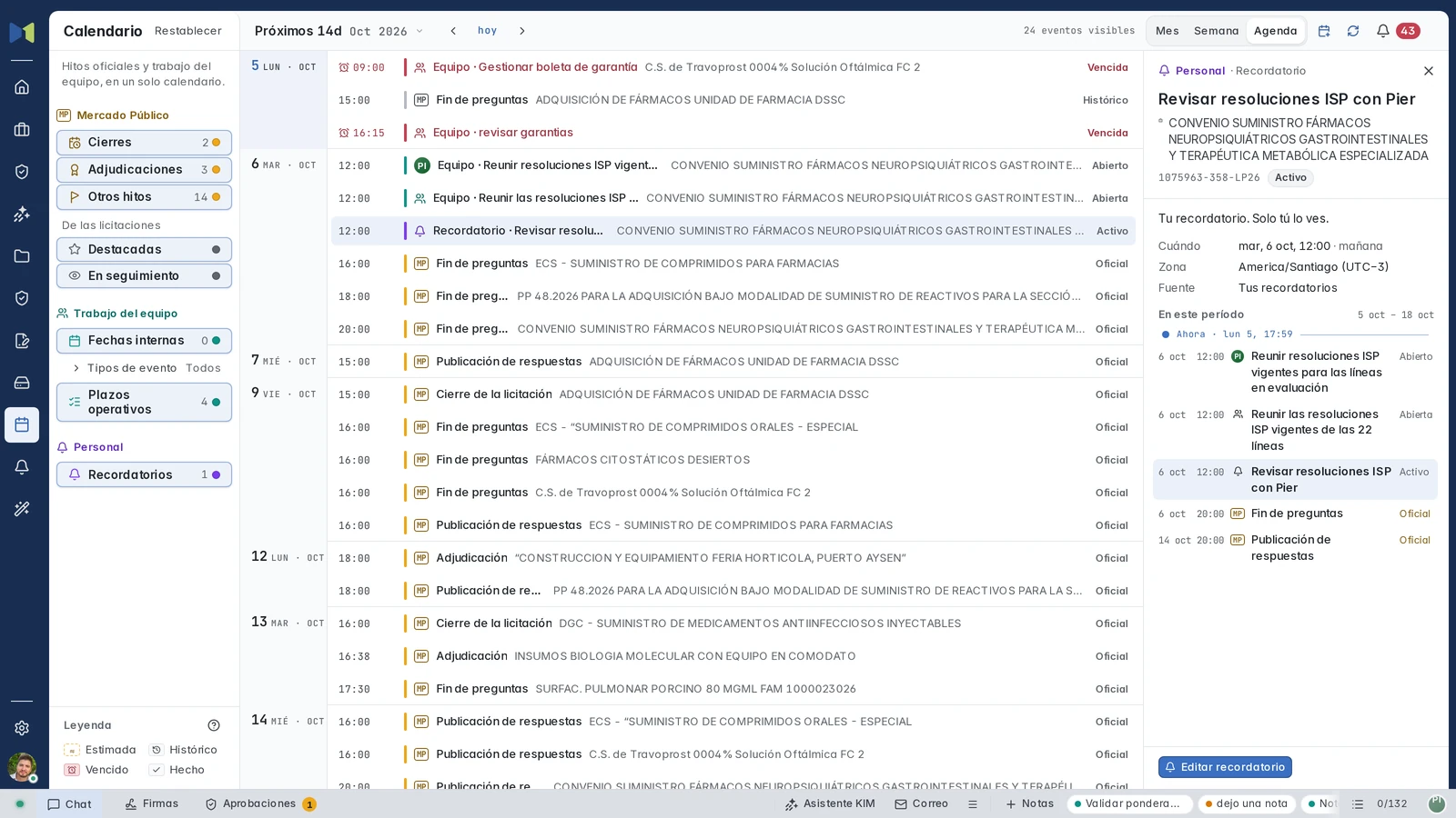 Agenda con el contexto del recordatorio Revisar resoluciones ISP con Pier, su fecha y el vínculo a la licitación.