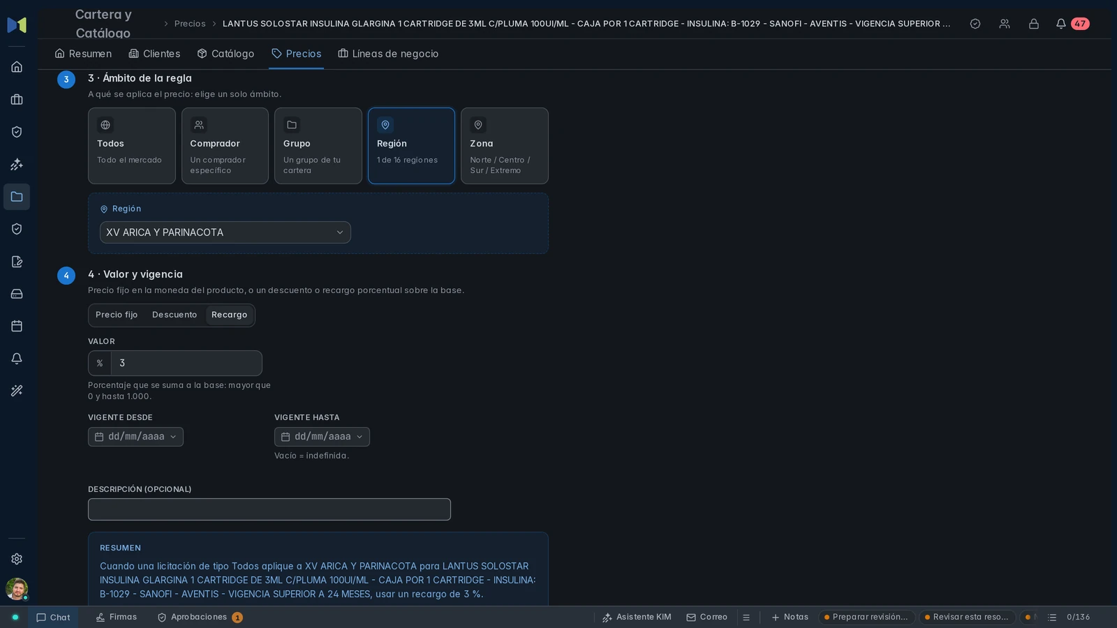 Editor completo de una regla existente con alcance regional, recargo porcentual y vigencia.