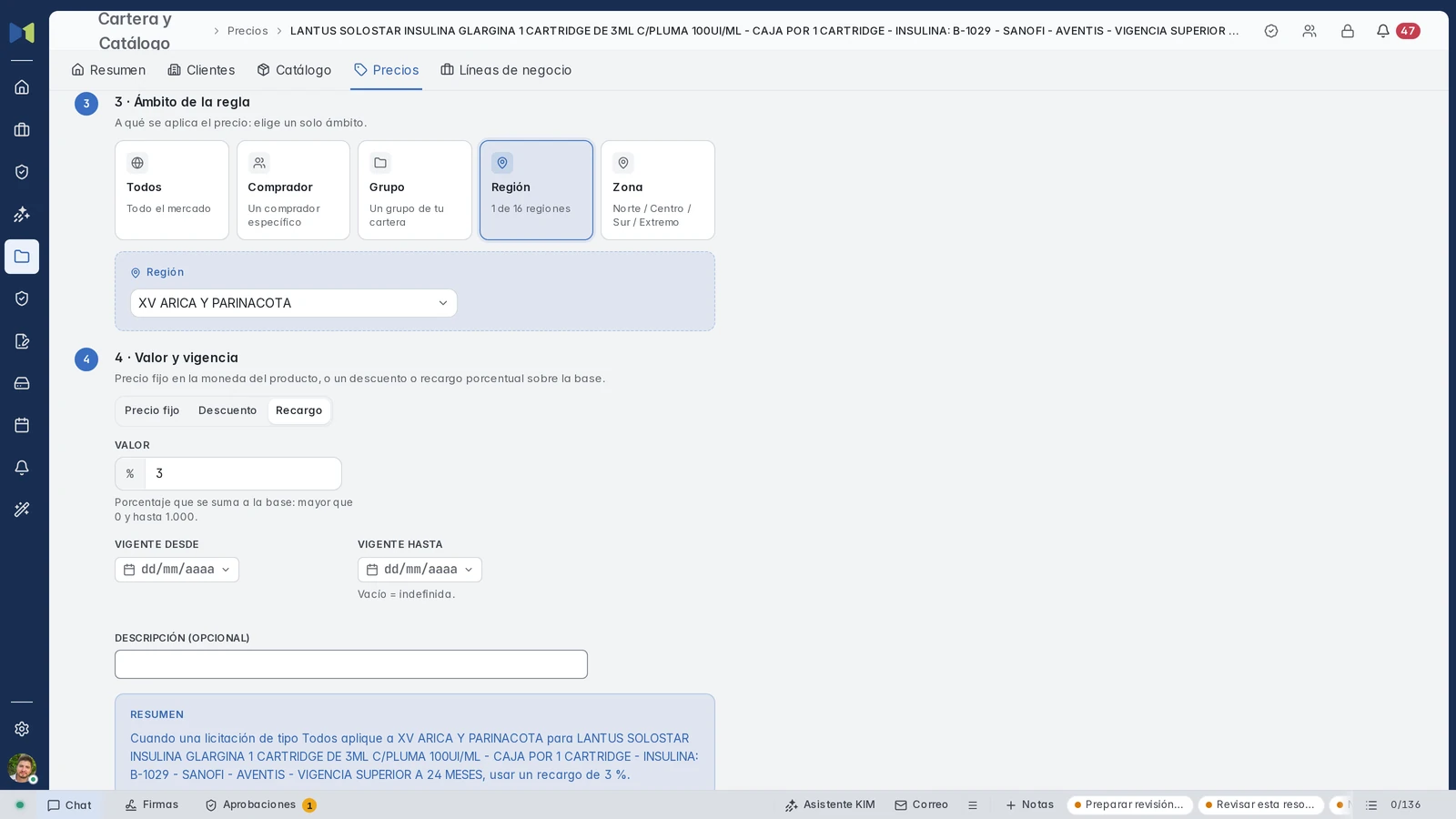 Editor completo de una regla existente con alcance regional, recargo porcentual y vigencia.
