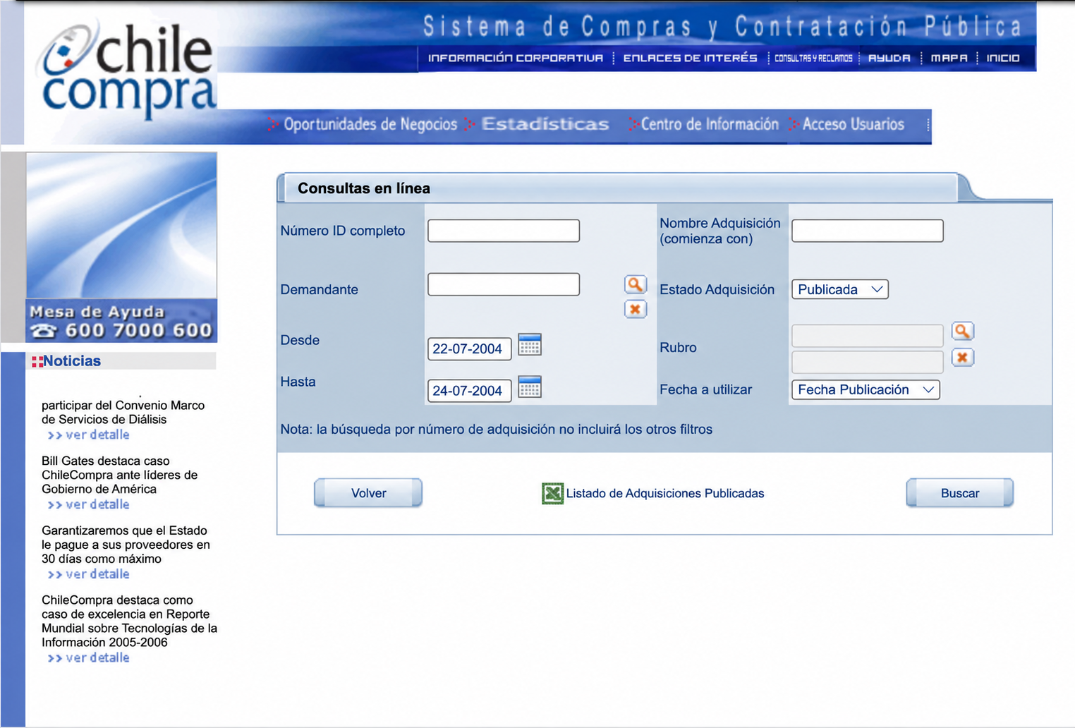 Formulario histórico de consultas en línea de ChileCompra: filtros por número de adquisición, nombre, demandante, estado, rubro y fechas; el período seleccionado va del 22 al 24 de julio de 2004.
