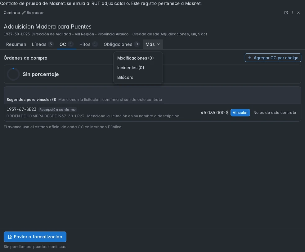 Detalle contractual con acceso a modificaciones, incidentes y bitácora.