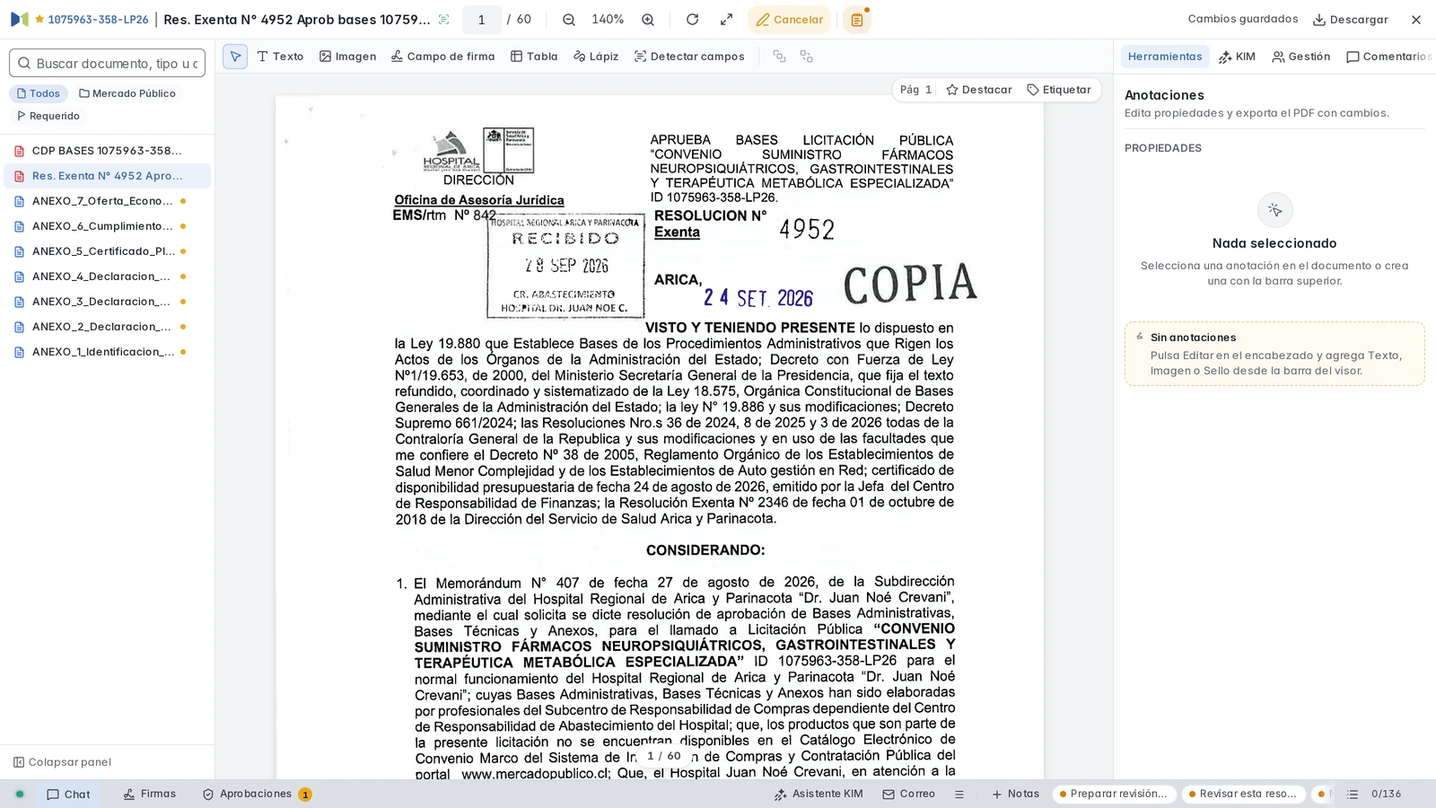 Editor sobre el PDF original con texto, imagen, campo de firma, tabla, lápiz y Detectar campos.