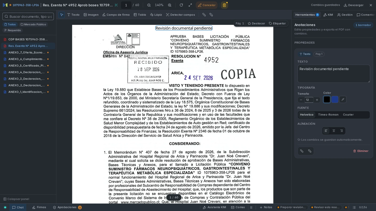 Texto de revisión añadido como capa al PDF con controles de tipografía, tamaño, color y alineación.