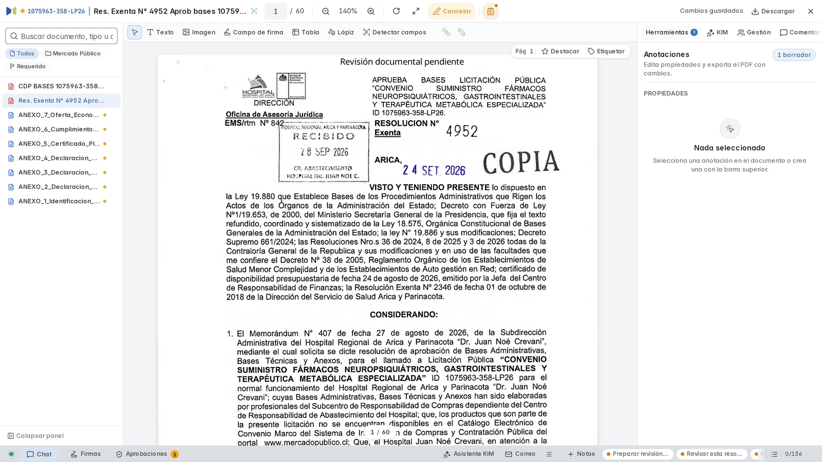 Texto de revisión añadido como capa al PDF con controles de tipografía, tamaño, color y alineación.