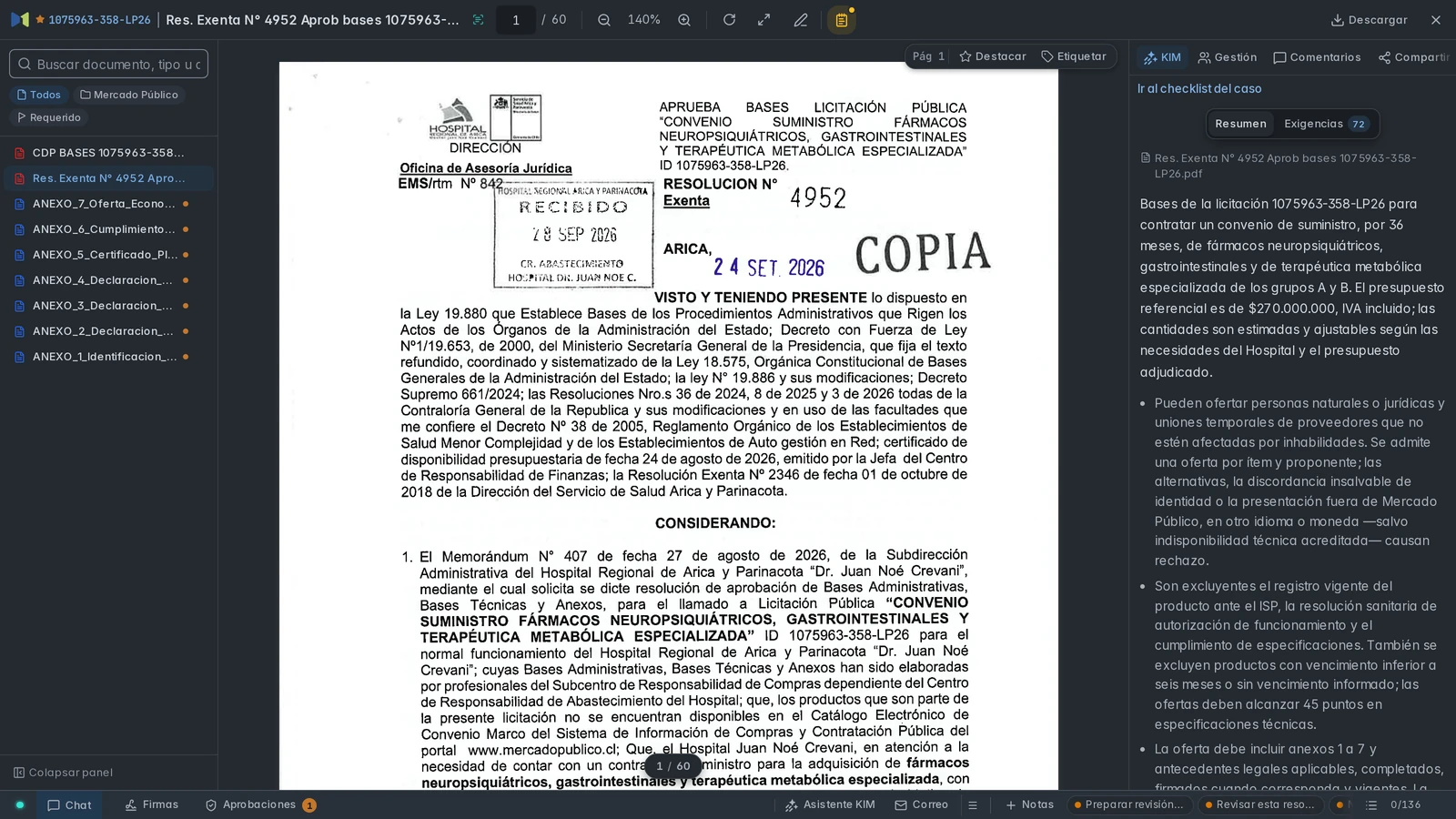 Bases de 1075963-358-LP26 en el visor de Masnet, con miniaturas de sus páginas y el resumen de KIM a la derecha.