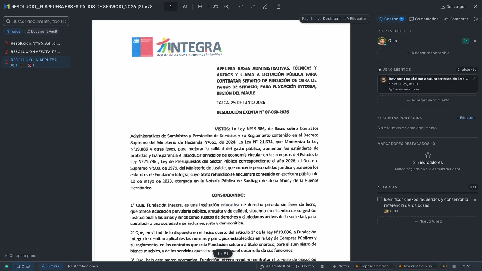 Resolución pública en el visor con Gino como responsable, vencimiento documental y tarea asignada.