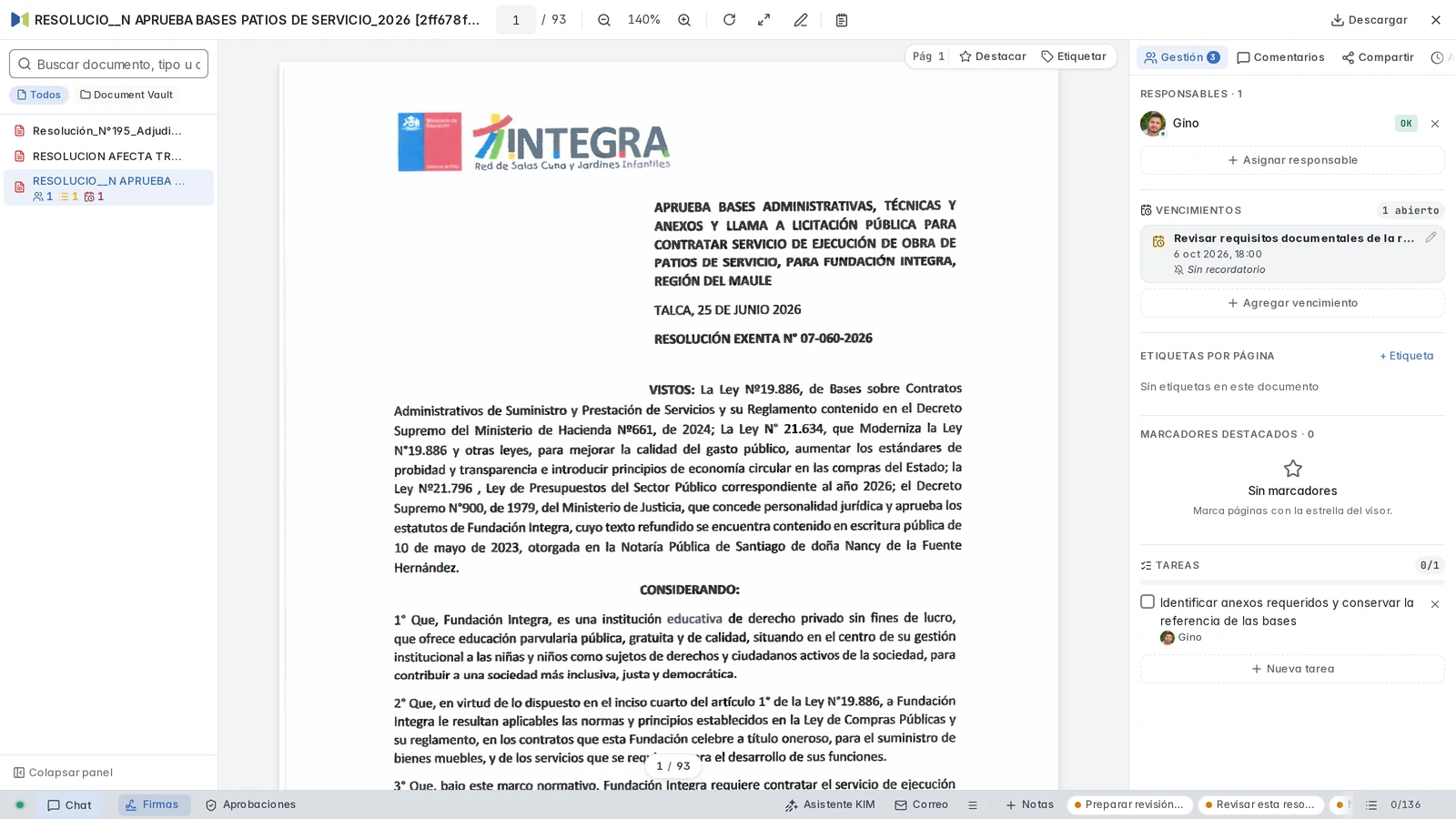 Resolución pública en el visor con Gino como responsable, vencimiento documental y tarea asignada.