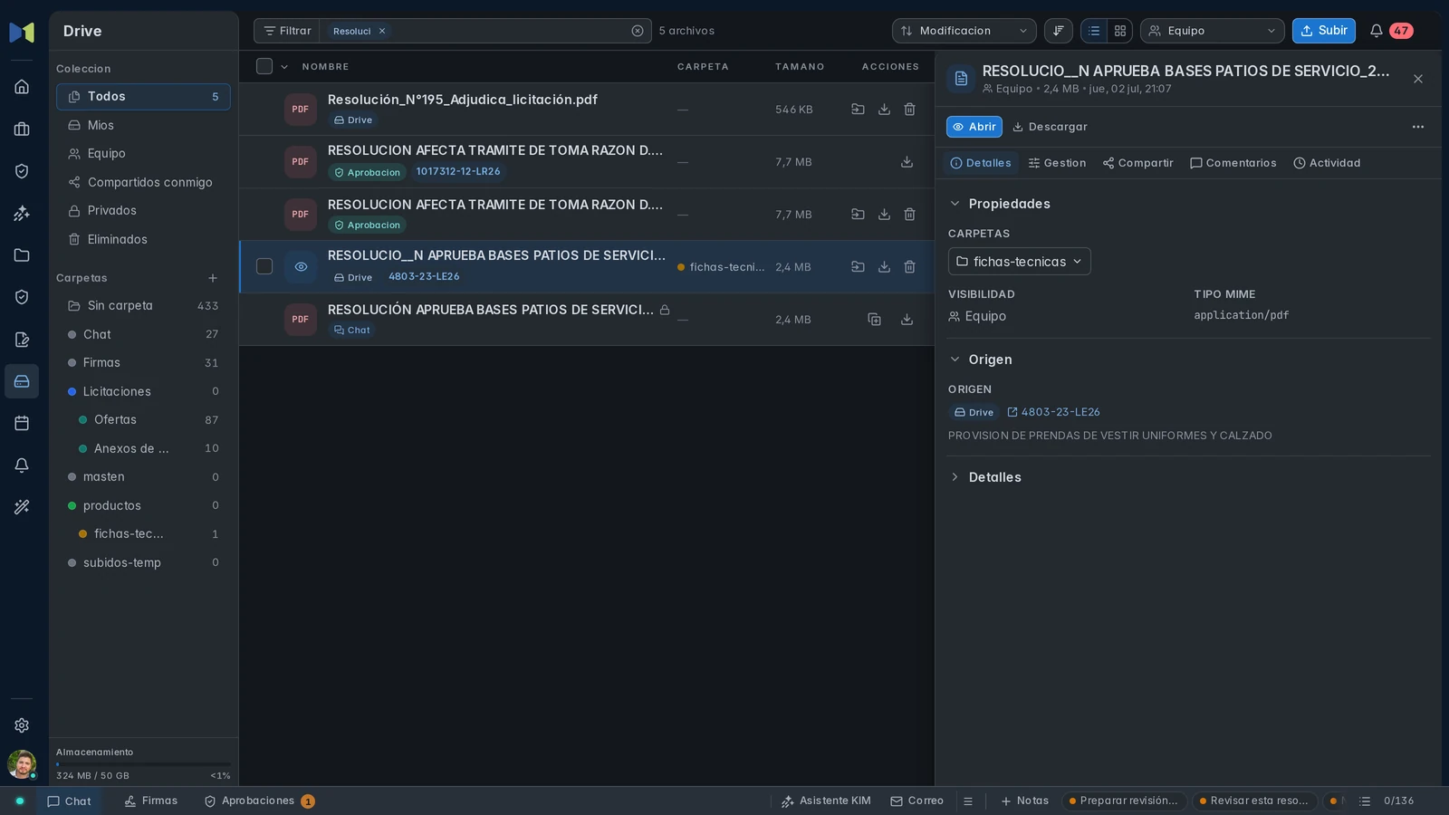 Drive de Masnet con archivos de distintos orígenes, carpetas y columnas de responsables y vencimiento.