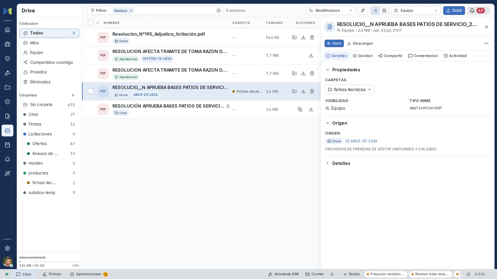 Drive de Masnet con archivos de distintos orígenes, carpetas y columnas de responsables y vencimiento.