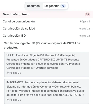 Panel de exigencias de las bases de la misma licitación: «Deja la oferta fuera», con la certificación ISO exigida, el texto de las bases y su página.