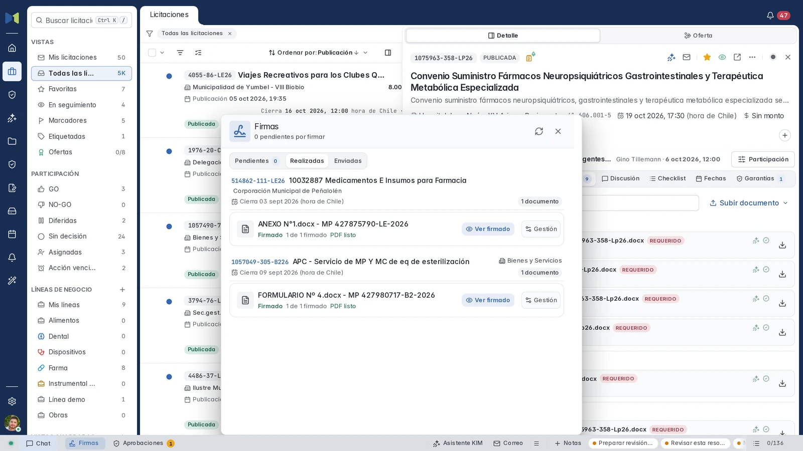 Bandeja Firmas con dos documentos existentes firmados y PDF listo.