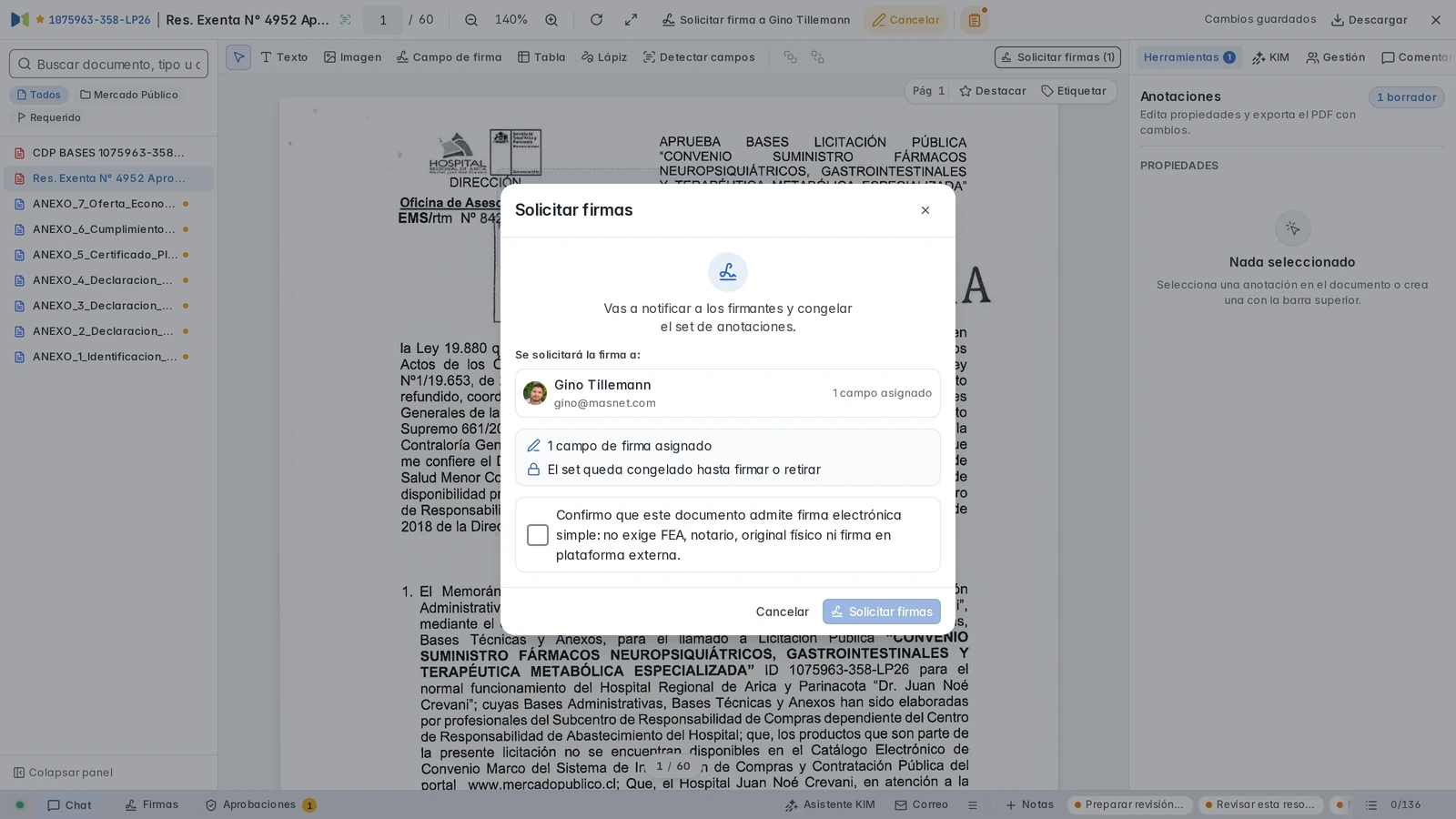Revisión previa de la solicitud de FES con Gino, campo y confirmación del tipo de firma.