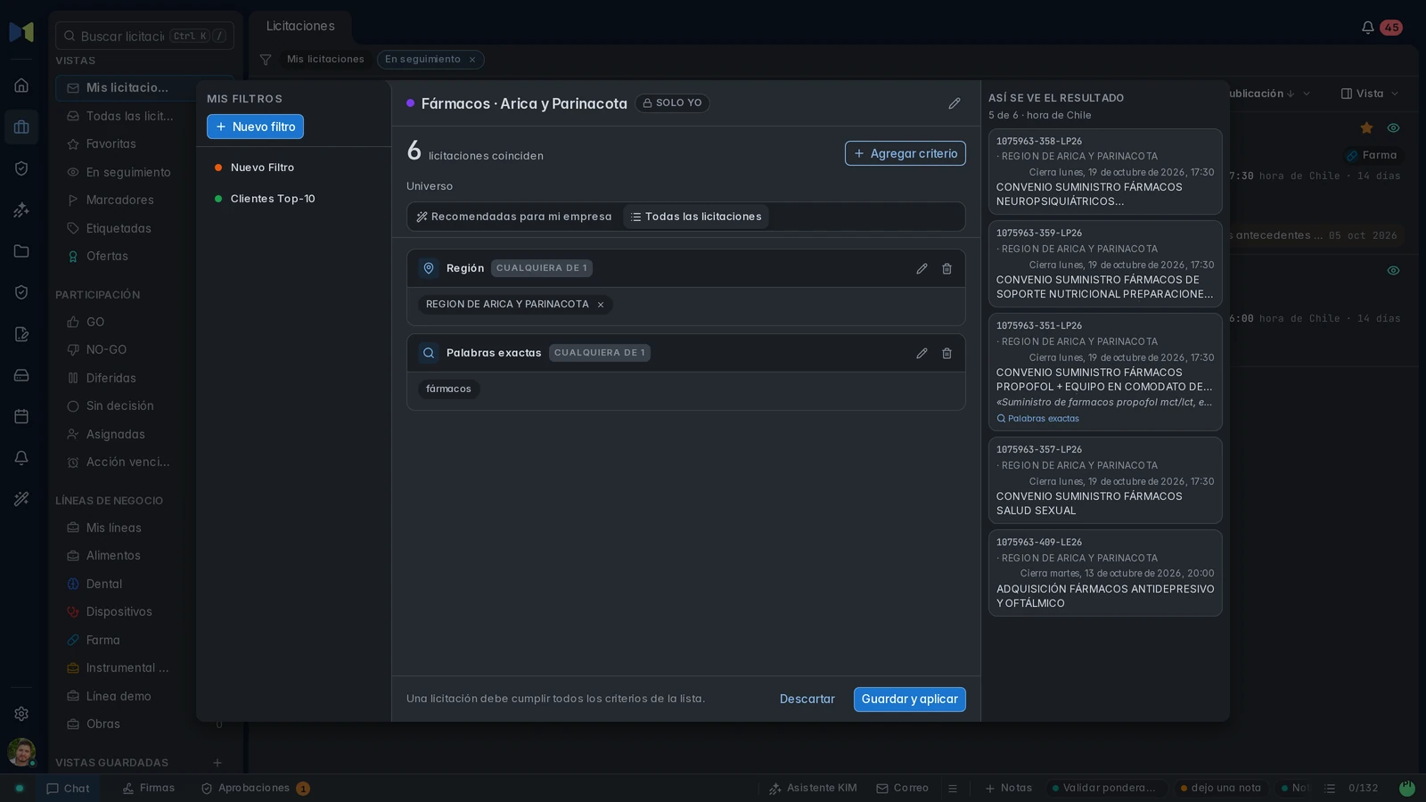Filtro personalizado Fármacos · Arica y Parinacota con palabras exactas, región y universo Todas las licitaciones.
