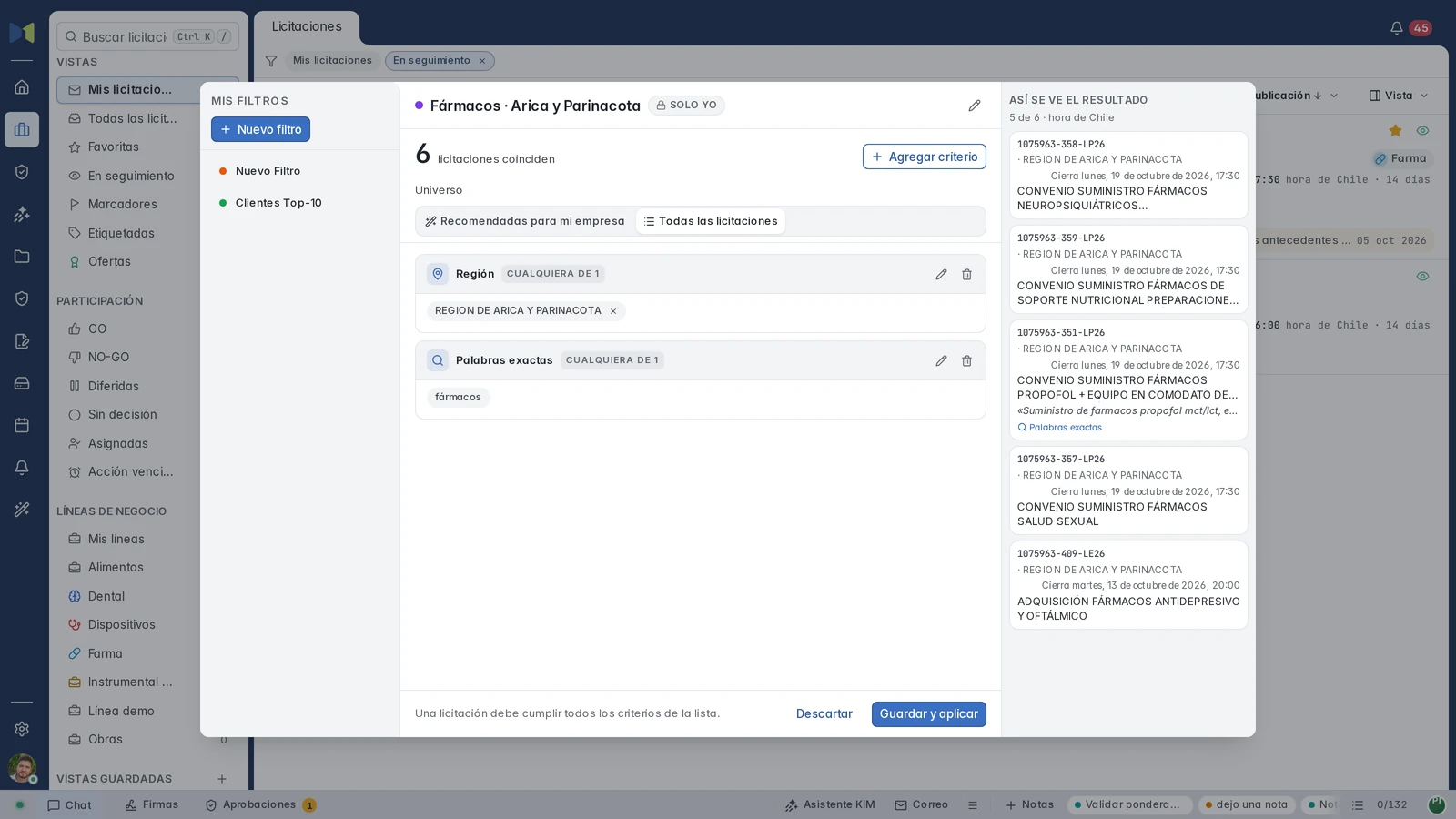 Filtro personalizado Fármacos · Arica y Parinacota con palabras exactas, región y universo Todas las licitaciones.