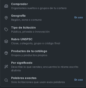 Menú Agregar criterio con comprador, geografía, tipo, UNSPSC, catálogo, significado y palabras exactas.