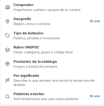 Menú Agregar criterio con comprador, geografía, tipo, UNSPSC, catálogo, significado y palabras exactas.