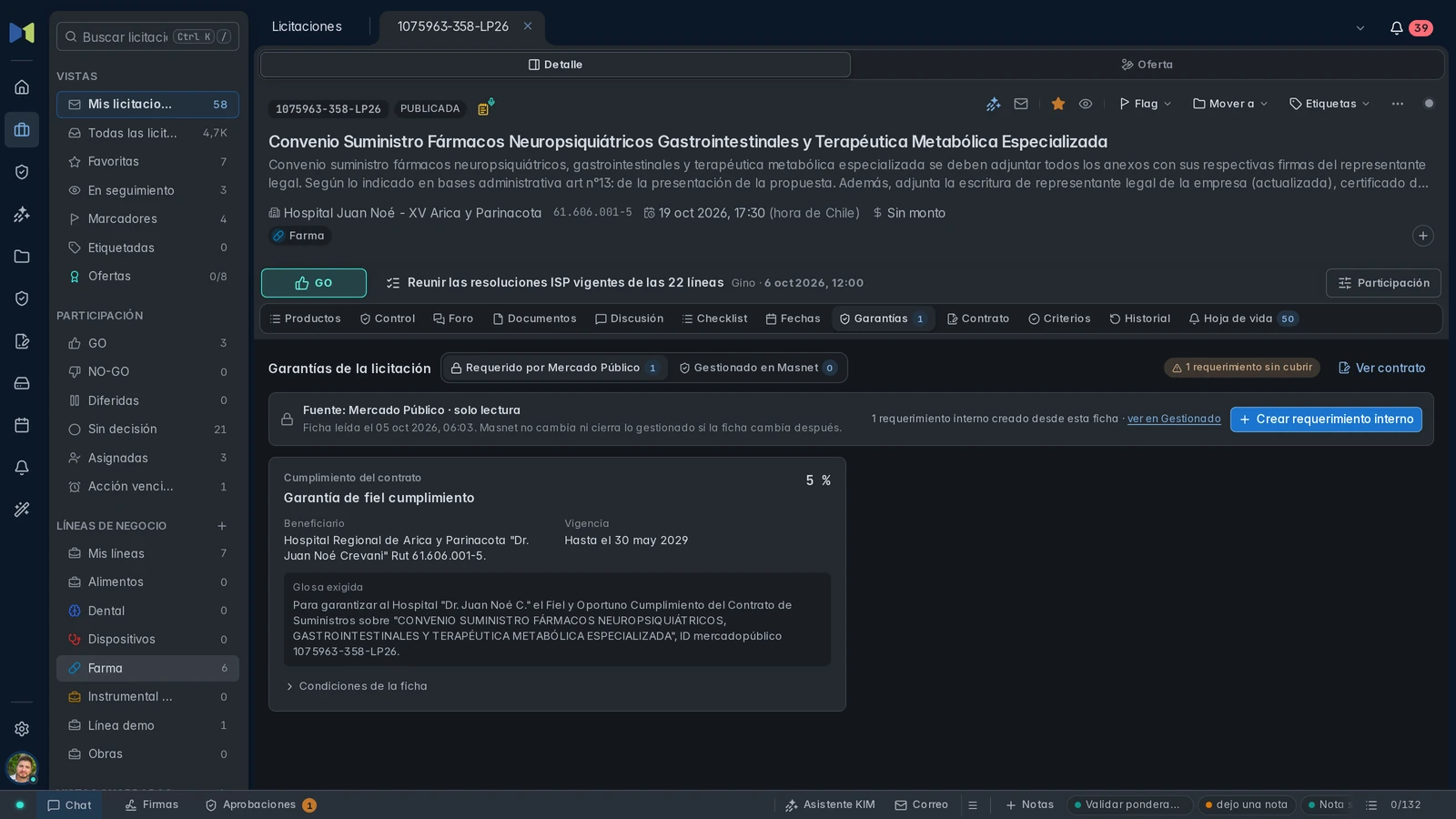 Ficha de garantía de fiel cumplimiento de 1075963-358-LP26: porcentaje exigido, beneficiario, vigencia y glosa, con requerimiento interno creado.