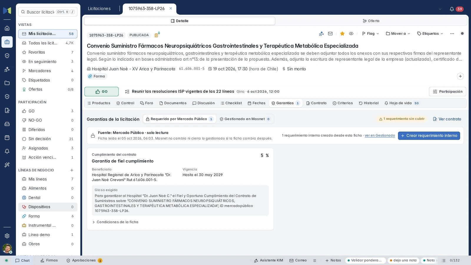 Ficha de garantía de fiel cumplimiento de 1075963-358-LP26: porcentaje exigido, beneficiario, vigencia y glosa, con requerimiento interno creado.