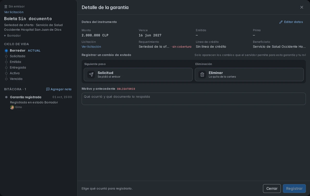 Instrumento de seriedad para Hospital San Juan de Dios, en borrador, sin emisor ni cobertura acreditada.