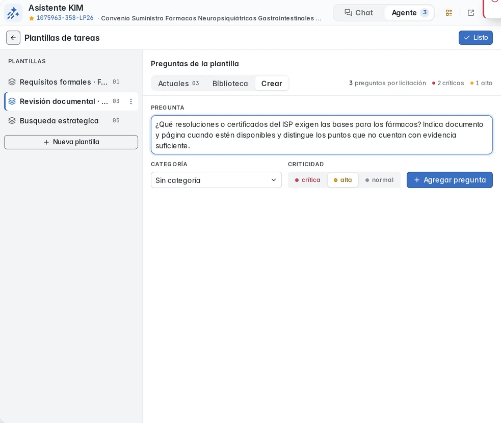Editor para redactar una pregunta propia sobre resoluciones ISP y asignar su criticidad.