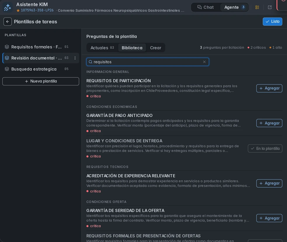 Biblioteca del agente filtrada por requisitos para añadir preguntas a una plantilla.