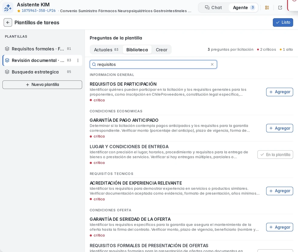 Biblioteca del agente filtrada por requisitos para añadir preguntas a una plantilla.