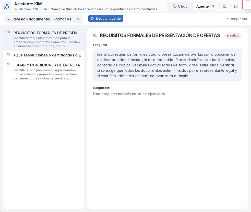 Pestaña Agente de KIM con la plantilla Revisión documental · Fármacos seleccionada y sus tres preguntas.