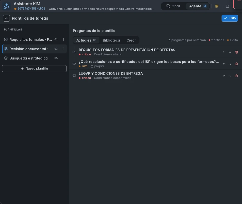 Editor de una plantilla propia con preguntas de biblioteca y una propia sobre ISP, orden y criticidad.