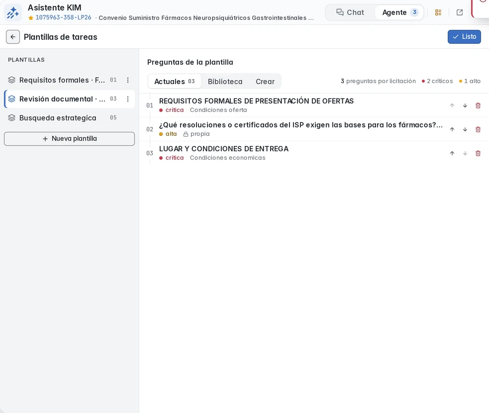 Editor de una plantilla propia con preguntas de biblioteca y una propia sobre ISP, orden y criticidad.