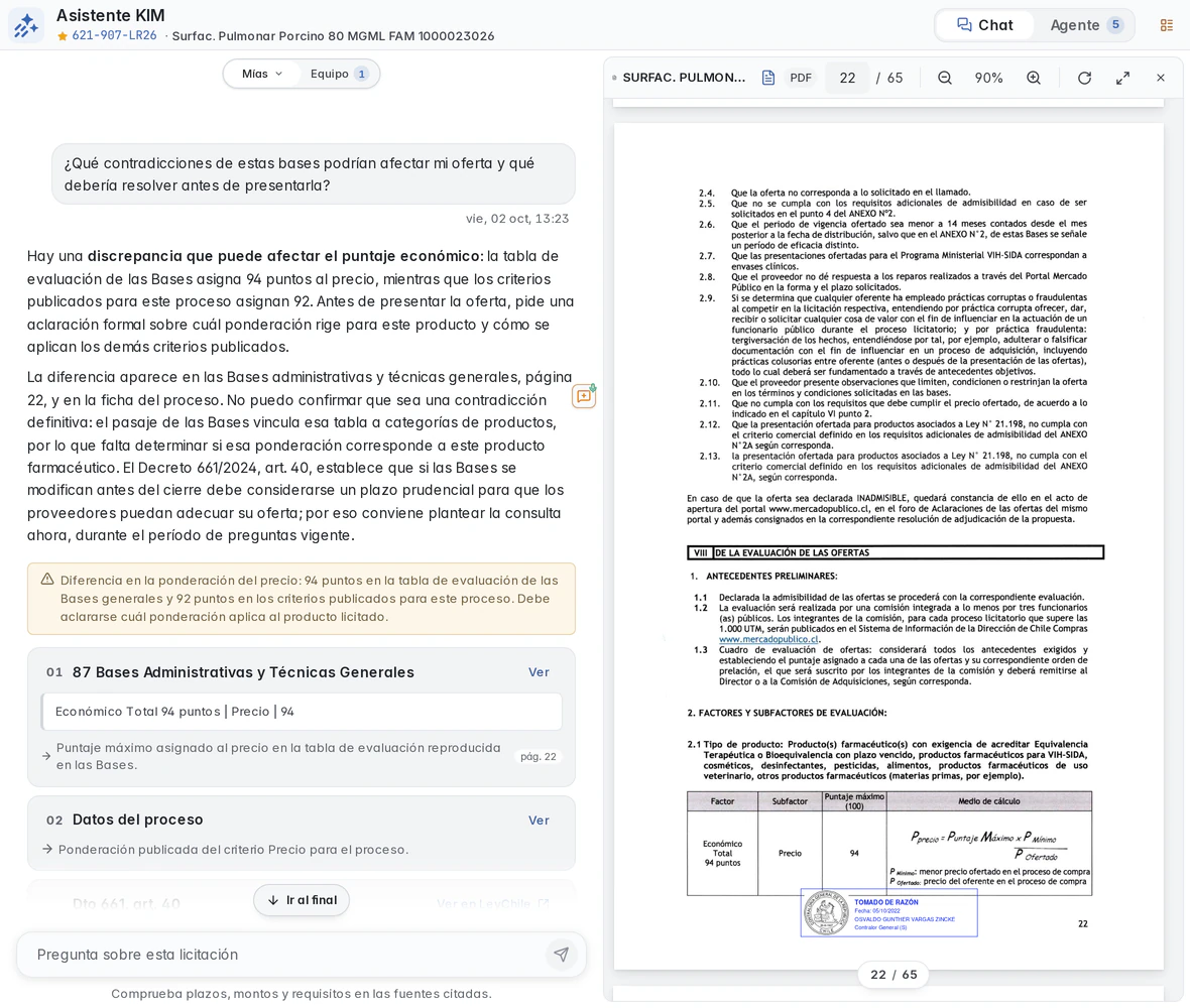 Página 22 de las bases abierta en el visor de Masnet, con una tabla que asigna 94 puntos al precio.