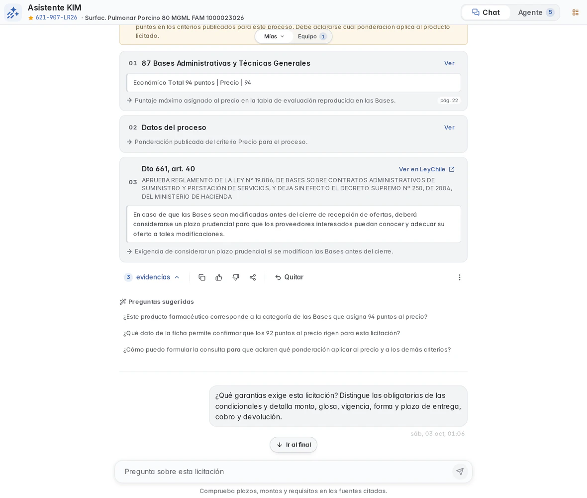 Tres evidencias de KIM: bases, datos del proceso y Decreto 661, artículo 40, junto a preguntas sugeridas.