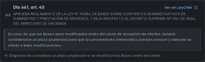 Referencia normativa de KIM al artículo 40 del Decreto 661, con el fragmento citado y el enlace a LeyChile de la Biblioteca del Congreso Nacional.