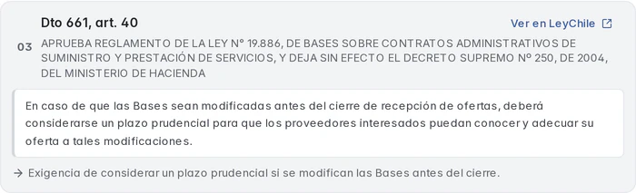 Referencia normativa de KIM al artículo 40 del Decreto 661, con el fragmento citado y el enlace a LeyChile de la Biblioteca del Congreso Nacional.