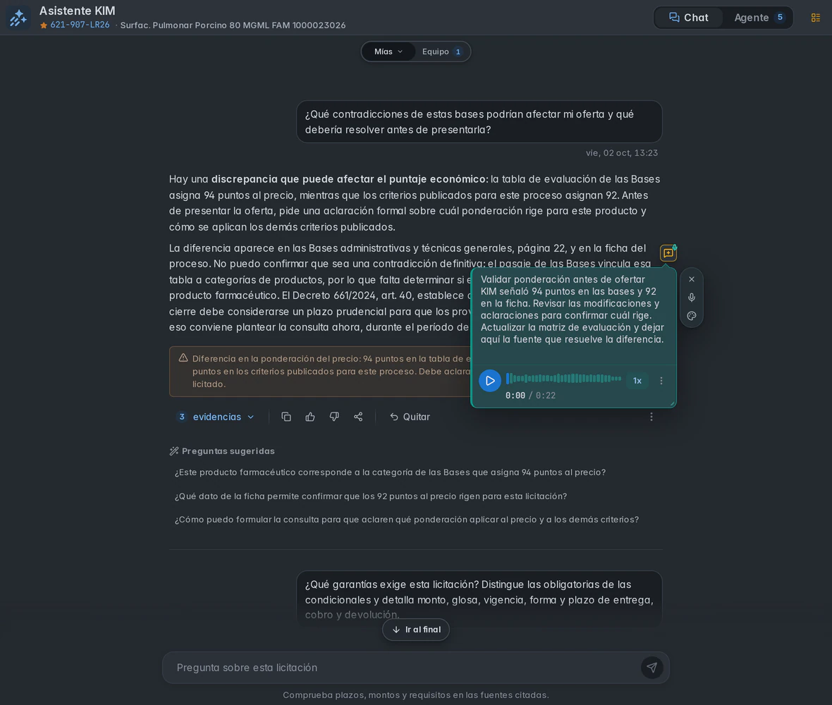 Nota personal vinculada a una respuesta guardada de KIM, para revisar la ponderación antes de ofertar.