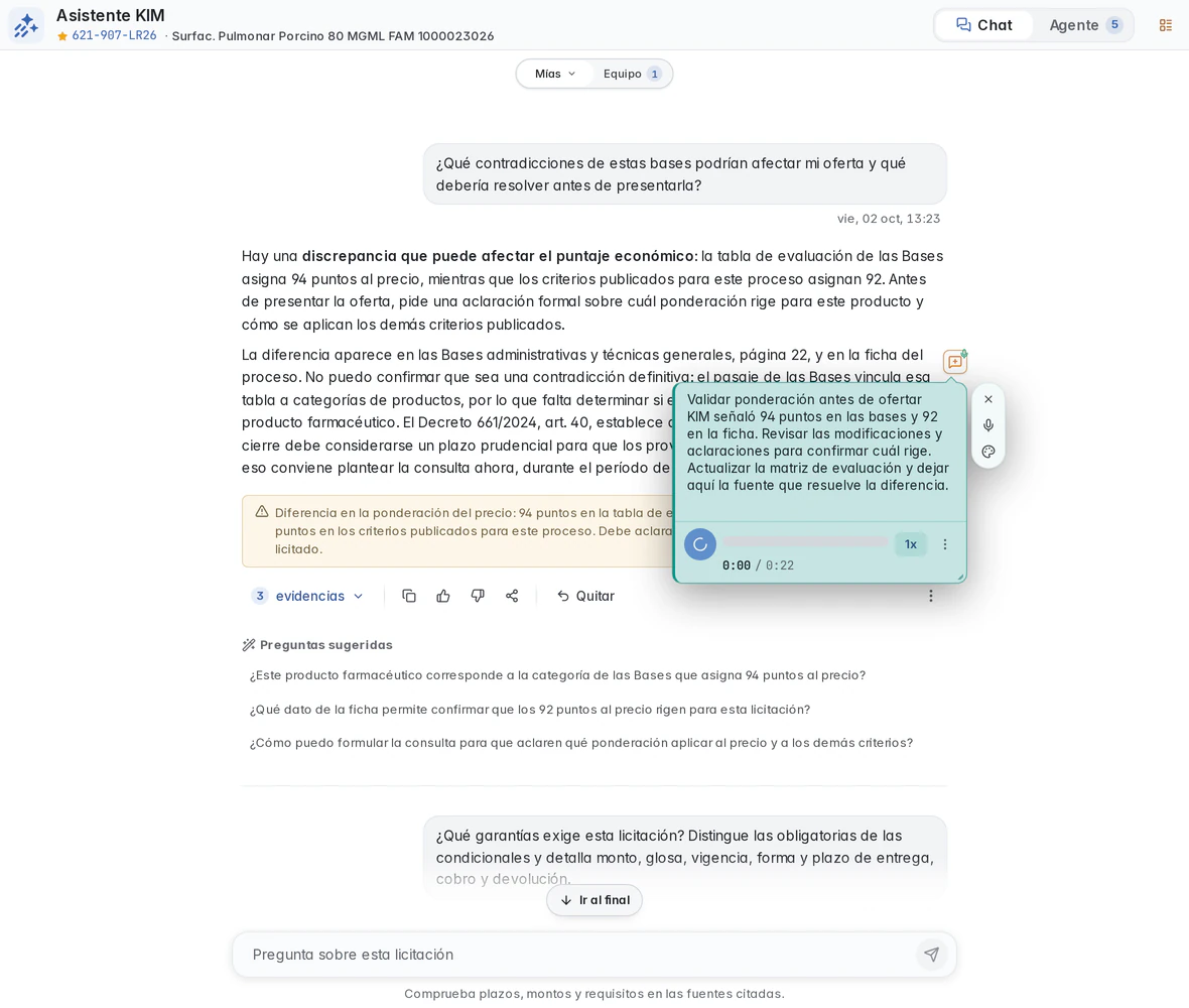 Nota personal vinculada a una respuesta guardada de KIM, para revisar la ponderación antes de ofertar.