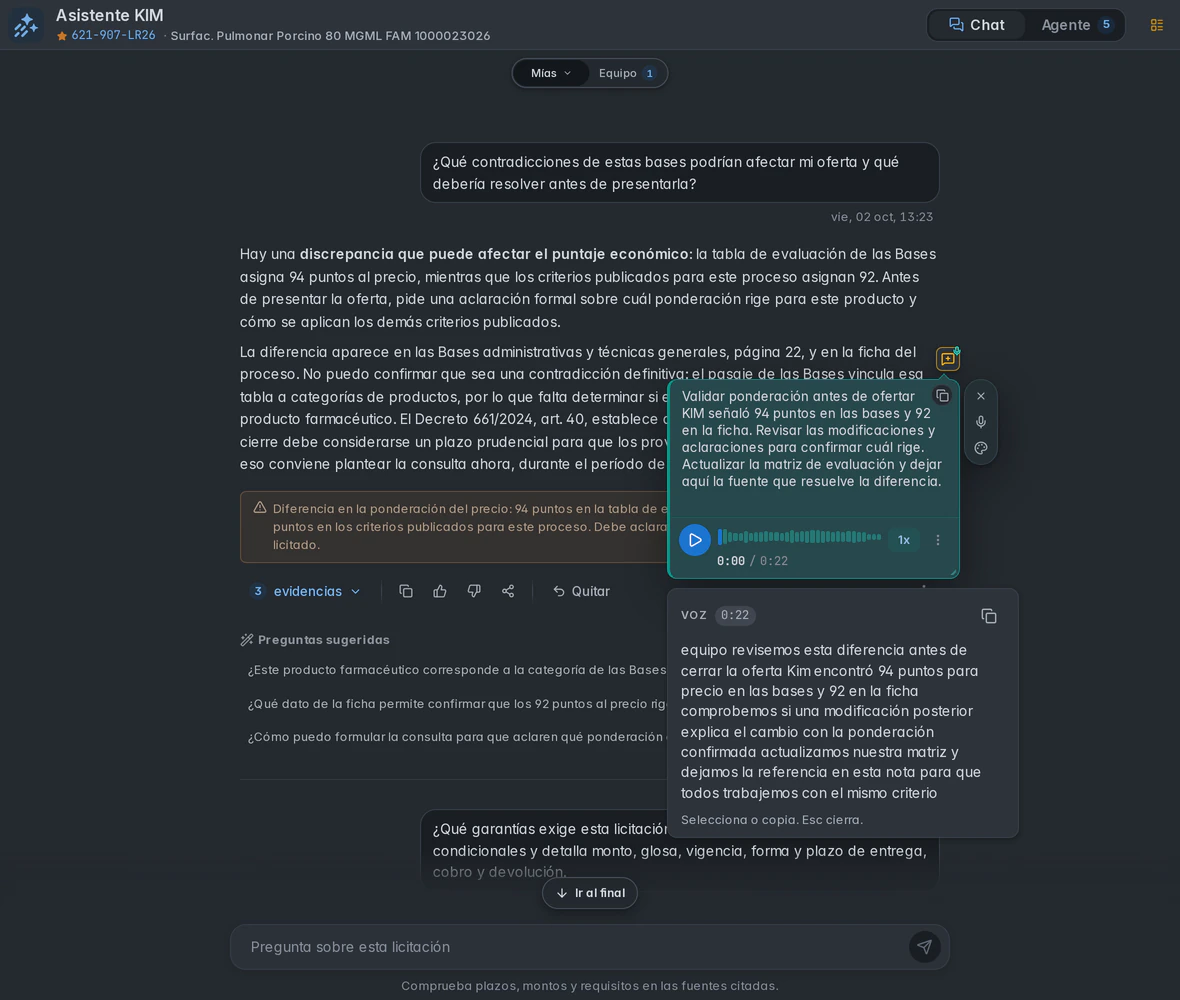 Nota personal con grabación de voz y transcripción consultable junto a la respuesta de KIM.