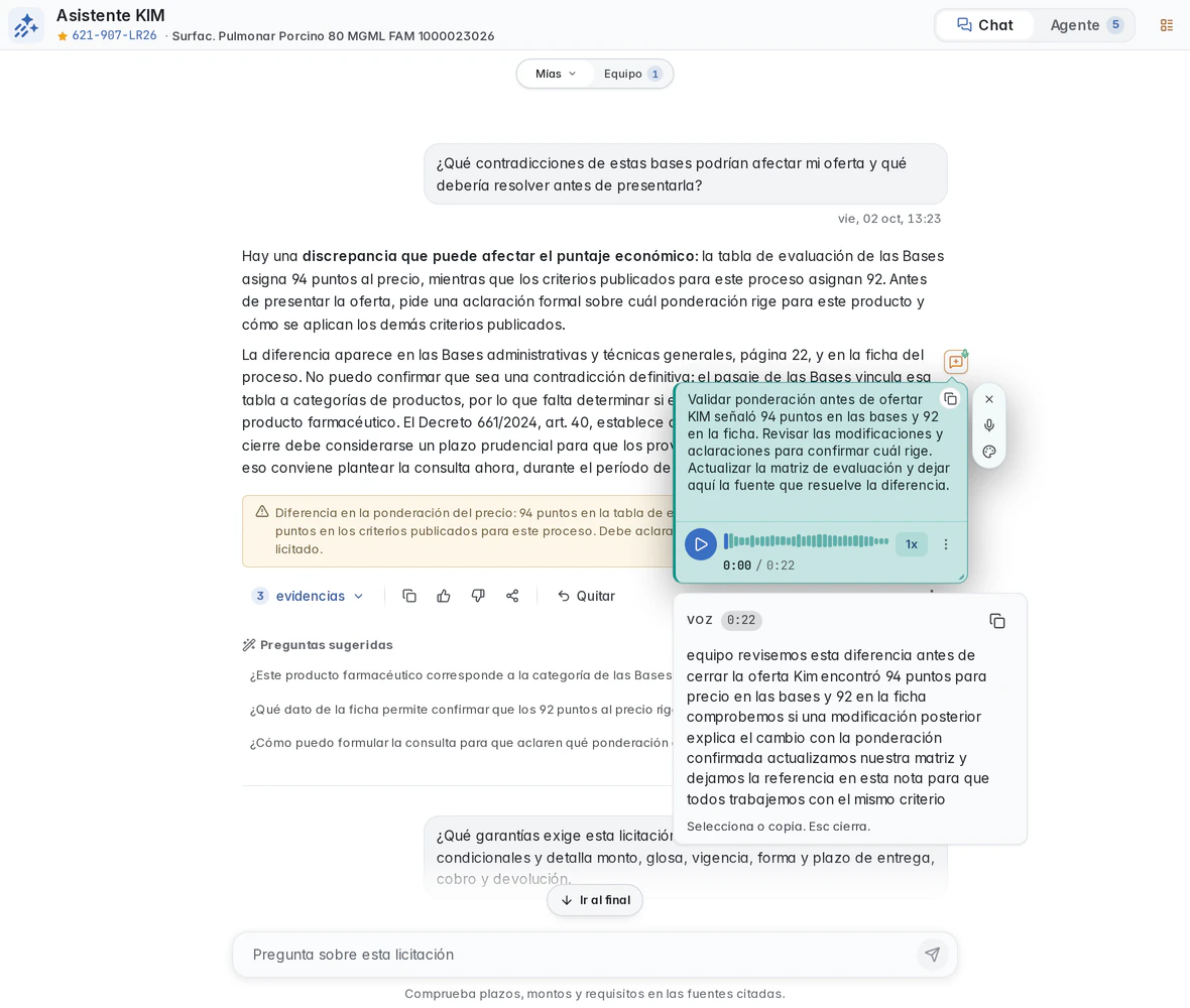 Nota personal con grabación de voz y transcripción consultable junto a la respuesta de KIM.