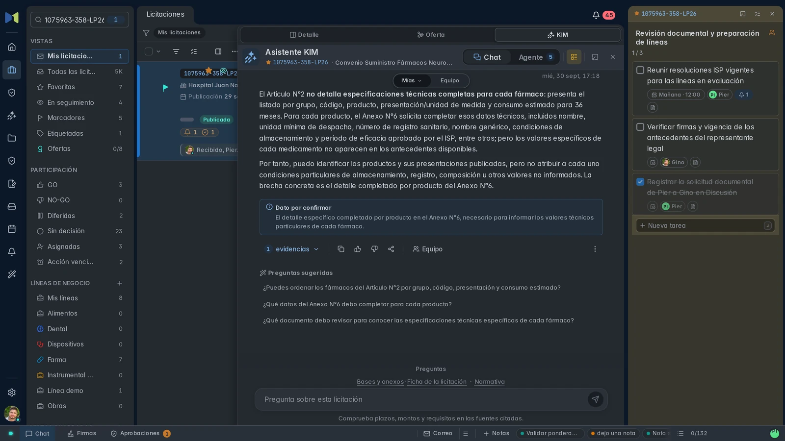 KIM acoplado a la ficha y checklist lateral: respuesta con dato por confirmar y tareas de Gino y Pier.