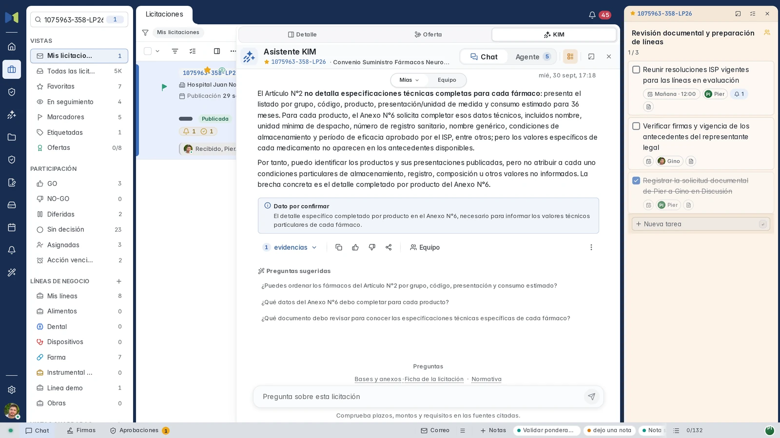 KIM acoplado a la ficha y checklist lateral: respuesta con dato por confirmar y tareas de Gino y Pier.