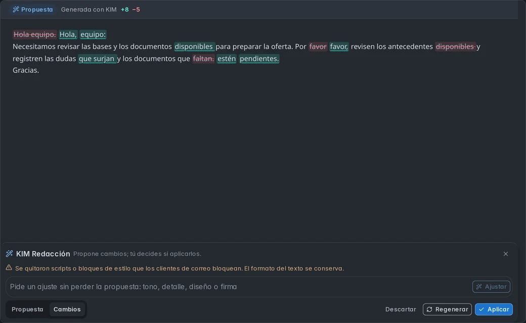 Compositor y asistente de redacción reales con comparación de la propuesta.