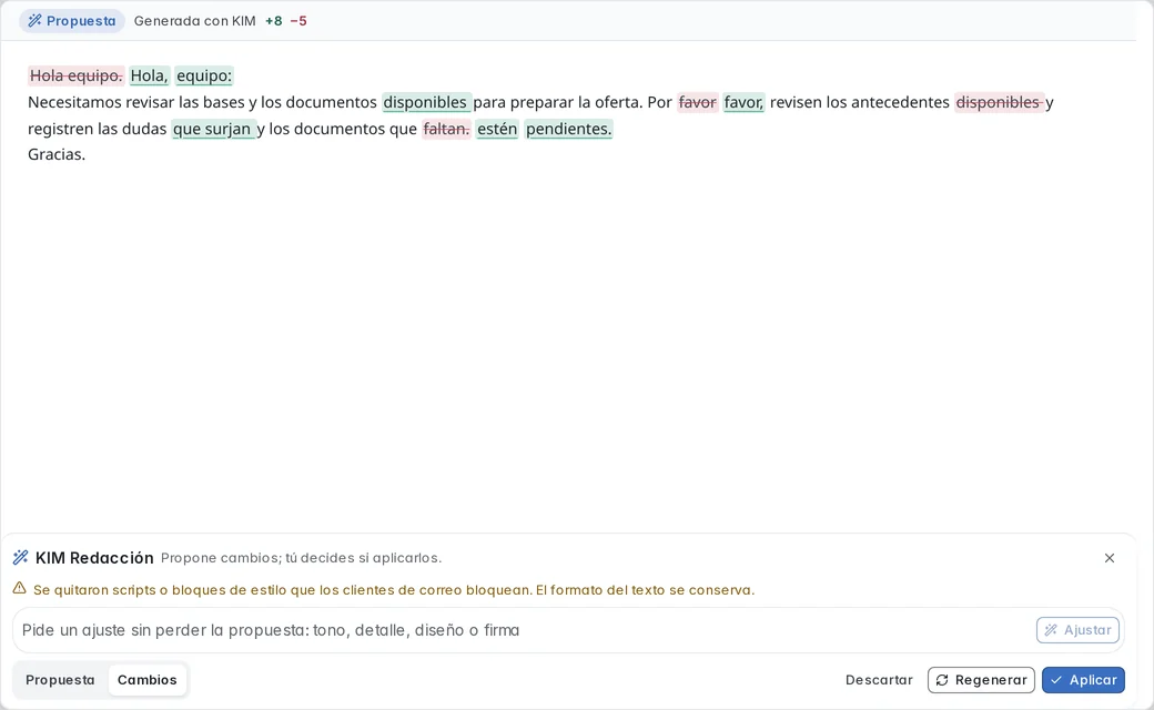 Compositor y asistente de redacción reales con comparación de la propuesta.