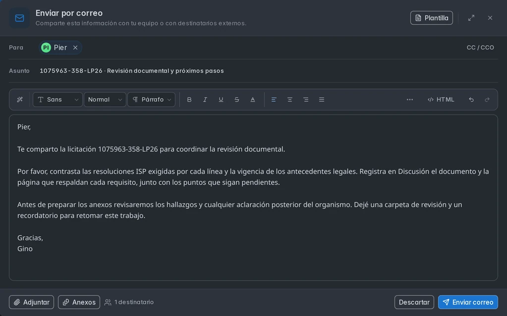 Correo profesional de Gino a Pier con revisión documental y vínculo al proceso 1075963-358-LP26.