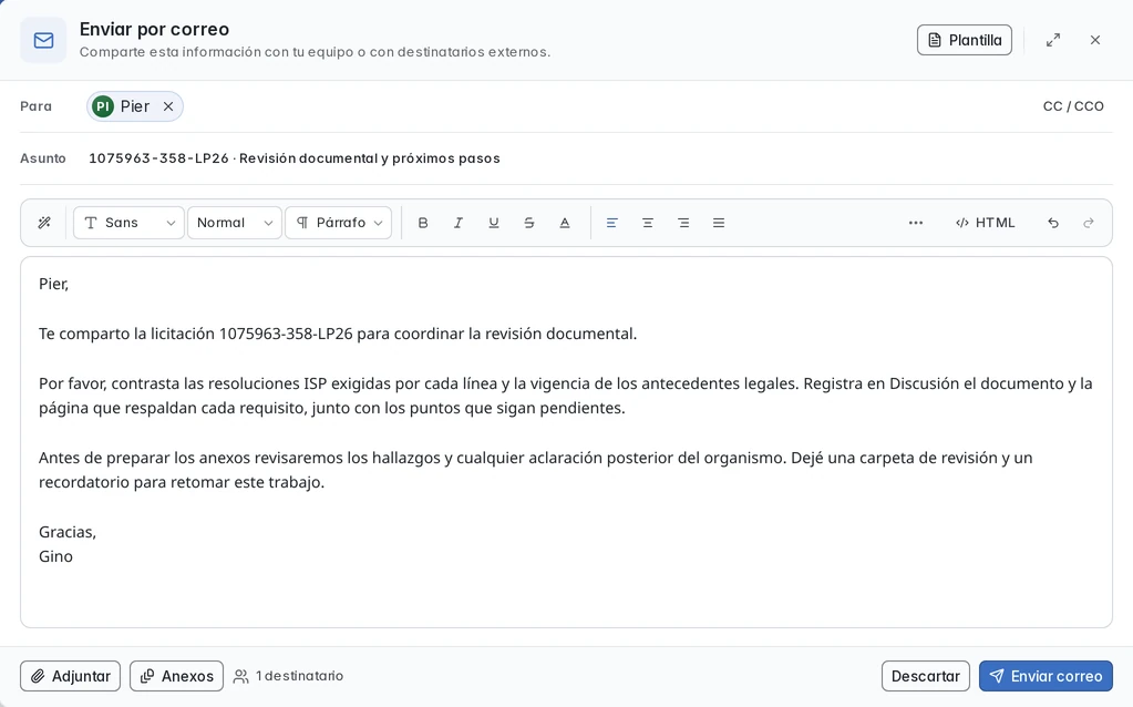 Correo profesional de Gino a Pier con revisión documental y vínculo al proceso 1075963-358-LP26.