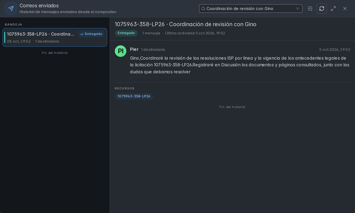 Historial de Pier con el correo de coordinación enviado a Gino para la misma licitación.