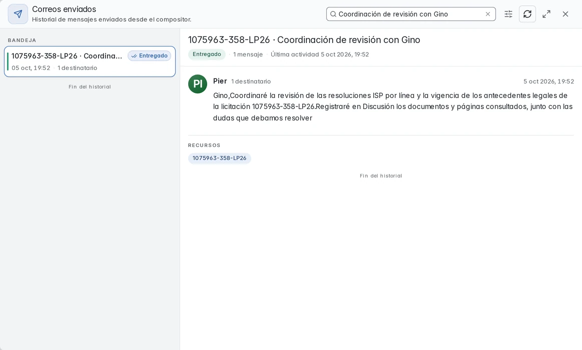 Historial de Pier con el correo de coordinación enviado a Gino para la misma licitación.