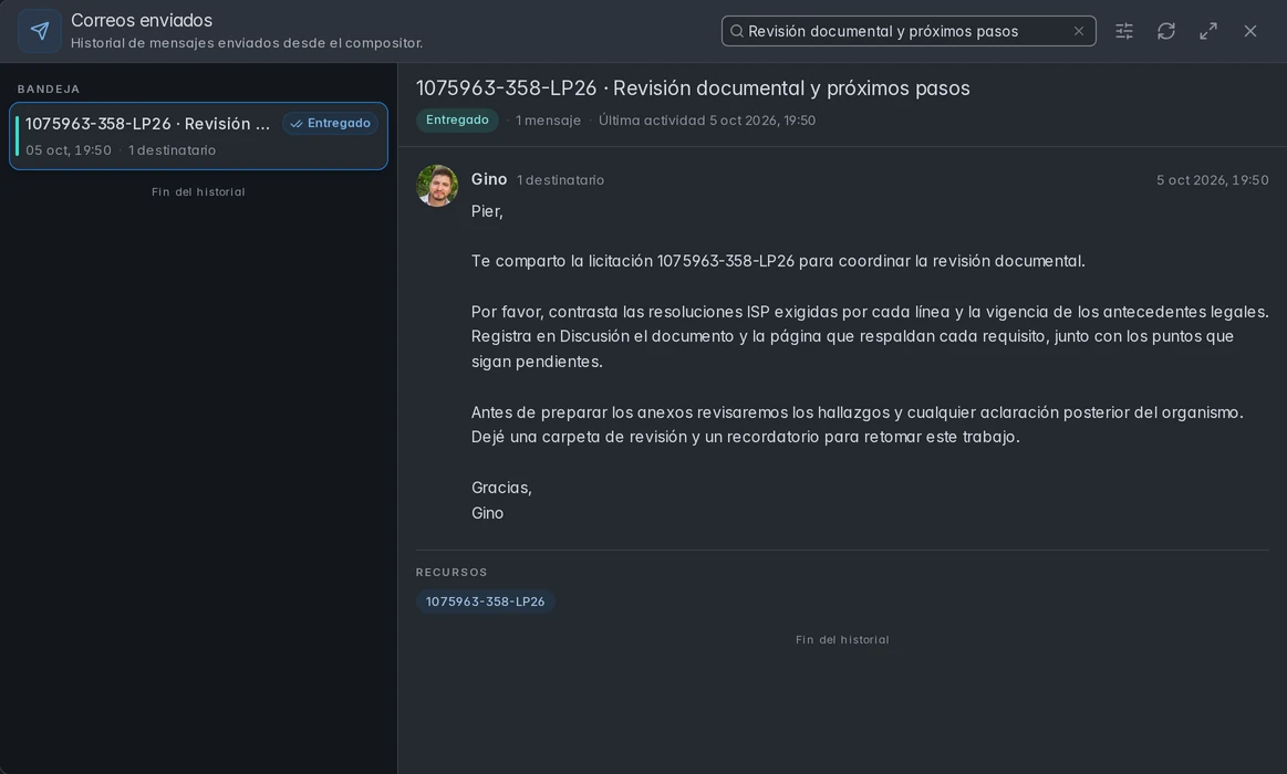 Historial de Gino filtrado por el correo enviado a Pier, con estado Entregado y contenido profesional.