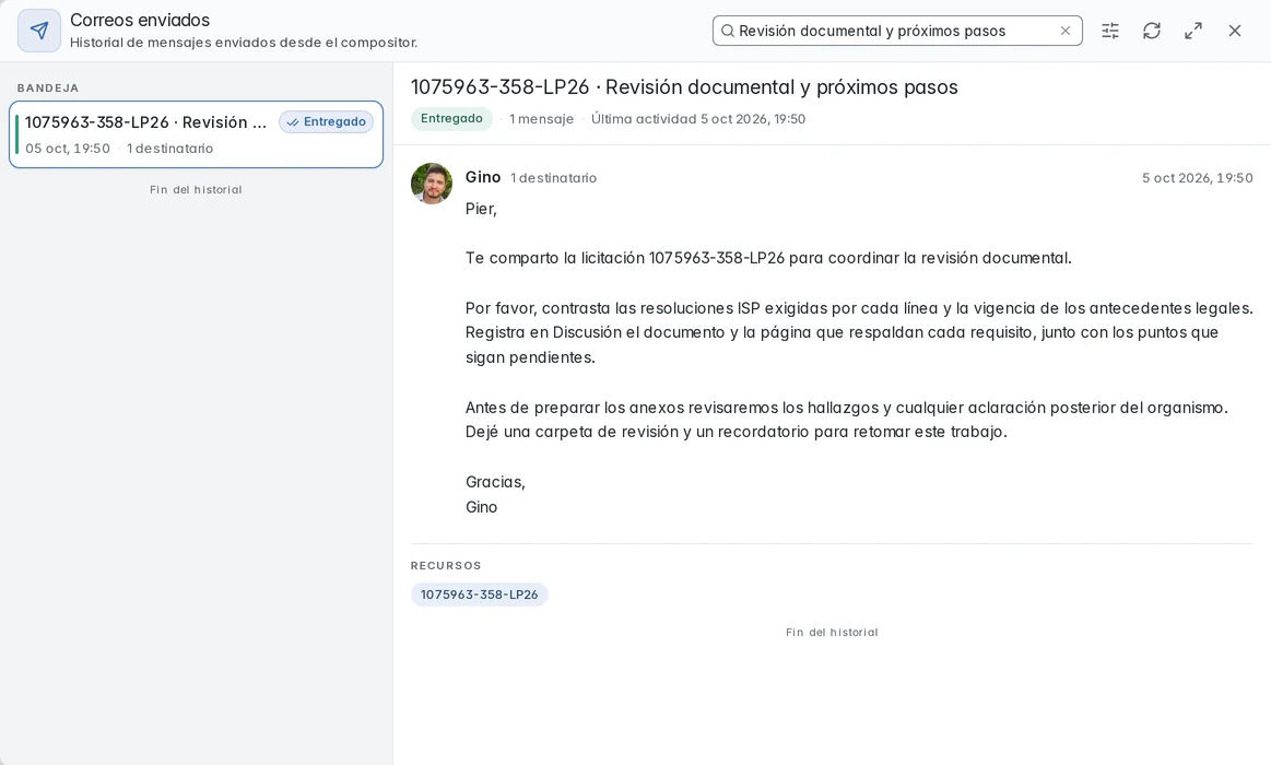 Historial de Gino filtrado por el correo enviado a Pier, con estado Entregado y contenido profesional.