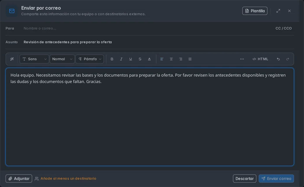 Compositor real con una solicitud de revisión escrita, sin destinatarios y con Enviar correo deshabilitado.