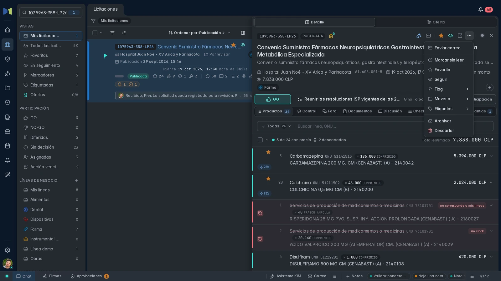 Menú nativo de gestión con favorita, seguimiento, flag, carpetas, etiquetas, archivar y descartar.
